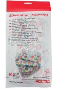 copertina di GiSafe Mascherina Chirurgica Filtrante 98% 3 Veli tipo II - conf. 10 pz - flowpack tg Adulto Bianca Fantasia Macarons