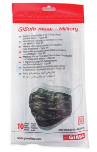 copertina di GiSafe Mascherina Chirurgica Filtrante 98% 3 Veli tipo II - conf. 10 pz - flowpack tg Adulto Fantasia verde militare