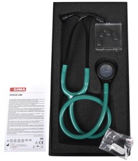 copertina di Duofono Evolve, doppia campana e doppia membrana con etichetta per il nome e kit ... Tubo verde smeraldo, testina e archetto neri