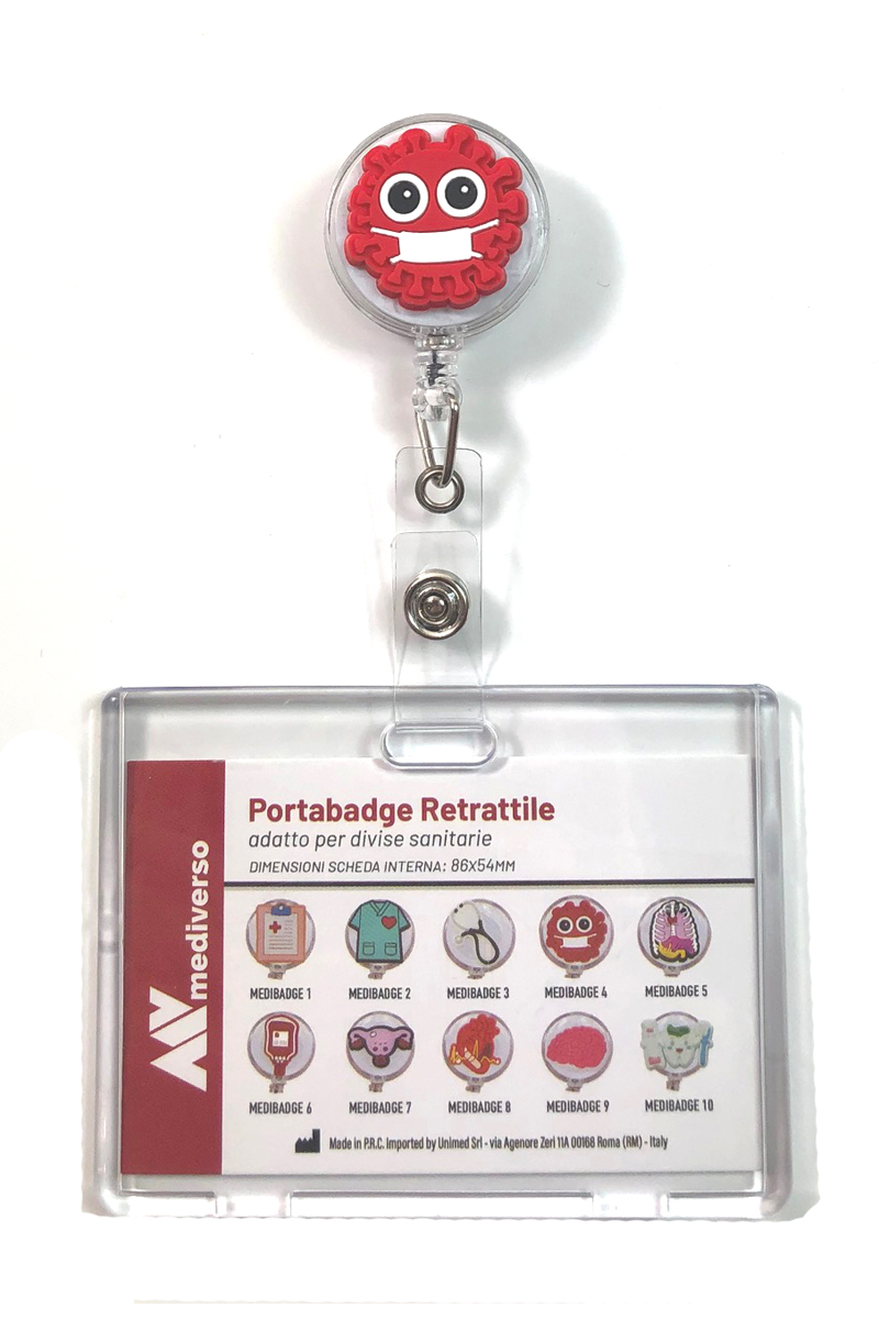 Porta Badge Retrattile adatto per l'utilizzo su divise sanitarie . Completo  di Clip Fantasia e Cover in plastica rigida Mediverso